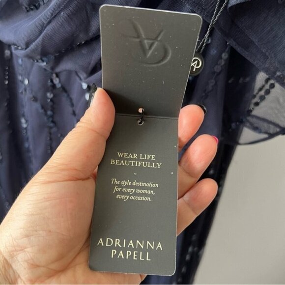 Adrianna Papell - Long Sequins Beaded One-Shoulder Gown - Dusty Navy. Size: 18W - Picture 10 of 16